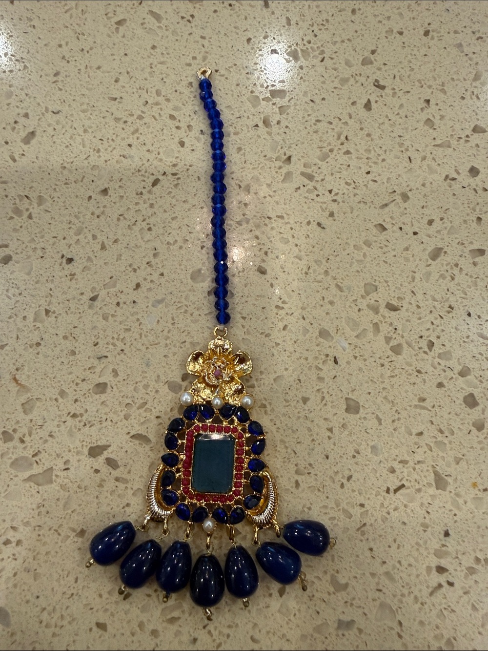 Gold-Tone Blue and Green Beaded Statement Pendant for Women